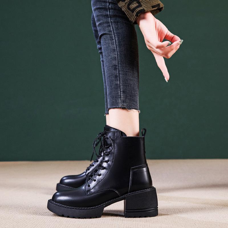 Leather Platform Martin Women's New British Style Women's High-heeled Thick-heeled Short Spring and Autumn Single Winter Velvet