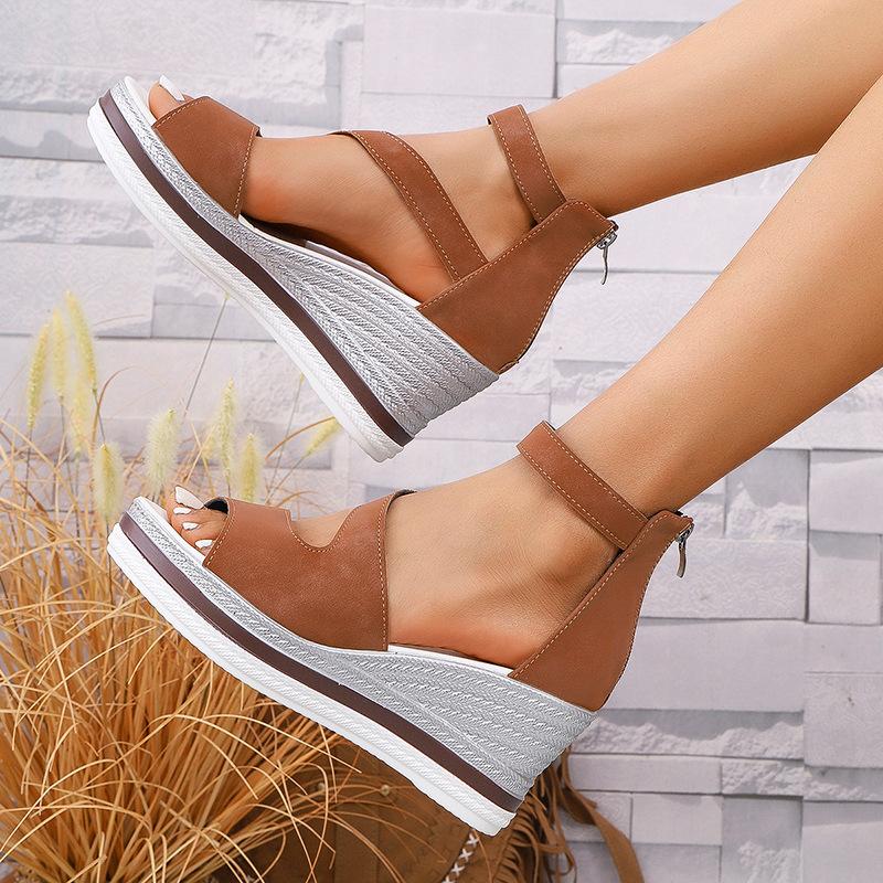 Leopard print large size wedge sandals European and American summer new fish mouth word with sandals