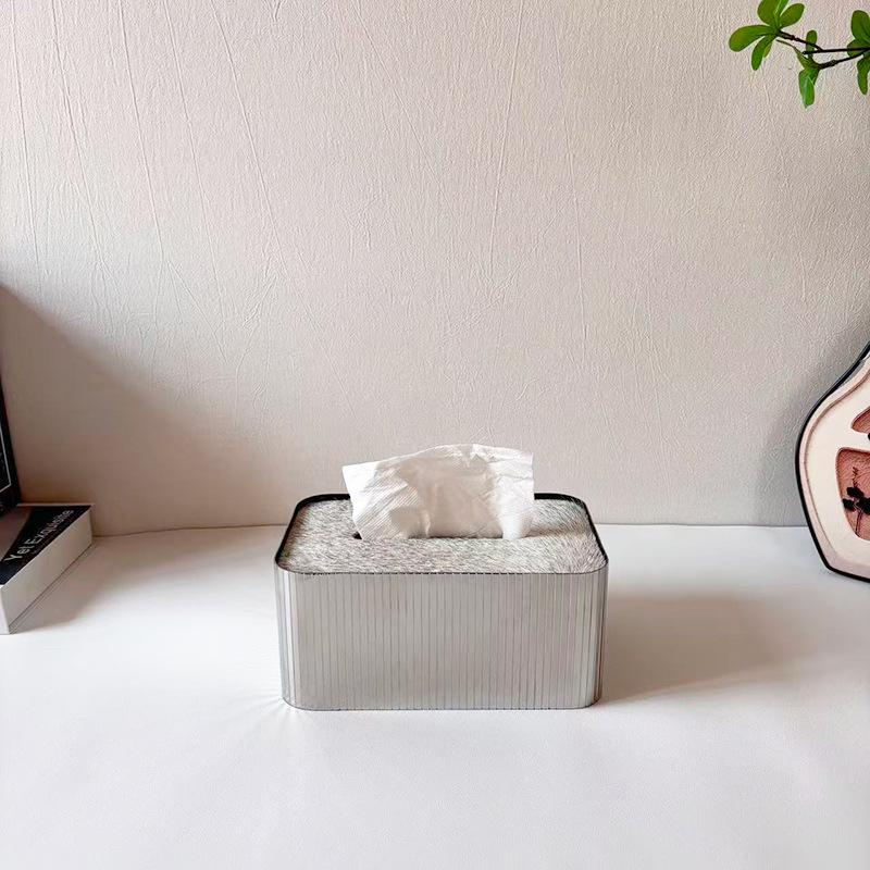 Modern Luxury Stainless Steel & Horsehair Tissue Box - Elegant Pull-Type Design for Living Room or Coffee Table Decor.