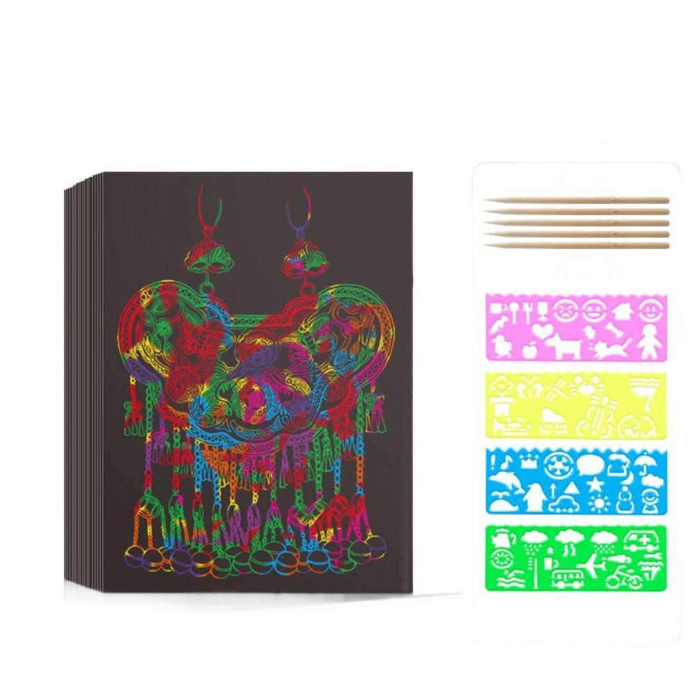 Graffiti Stencil Scratch Art Paper Card Set Rainbow DIY Drawing Board Scratch Off Paper Book  Gifts