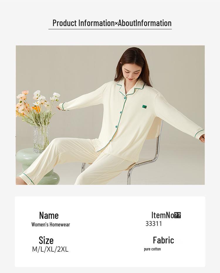 Damen Baumwoll-Pyjama-Set - Langarm, Lange Hose, Revers-Cardigan, Vielseitig für Zuhause oder Freizeitkleidung