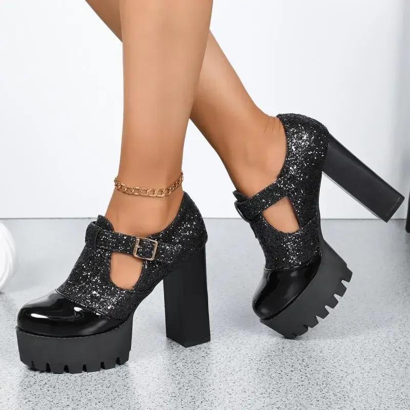 Fashion Sexy Sequined Cloth Super High Heel Pumps Loafers Women 2025 Autumn Chunky Platform Metal Buckle Pumps Fashion Dress Party Shoes