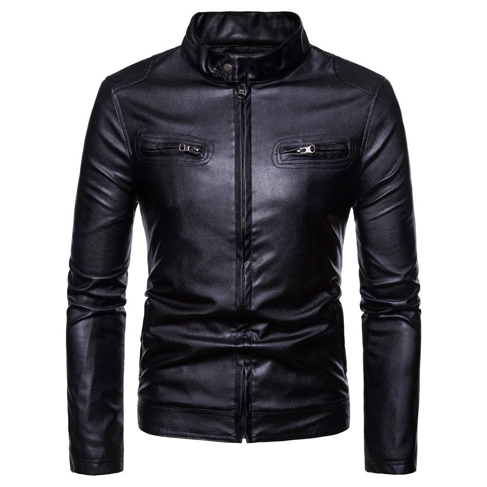 Men s stand-up collar double pocket locomotive leather jacket jacket M чёрный