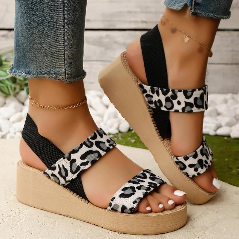 Women's Leopard Print Wedge Sandals Fashion Elastic Cloth Platform Sandals Woman Summer 2025 Lightweight Thick Sole Beach Shoes