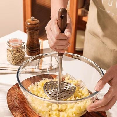 Stainless Steel Potatoes Masher Small Hole Good Grip Bean Smasher Tool Wooden Handle Multi-Purpose Kitchen Tool Kitchen