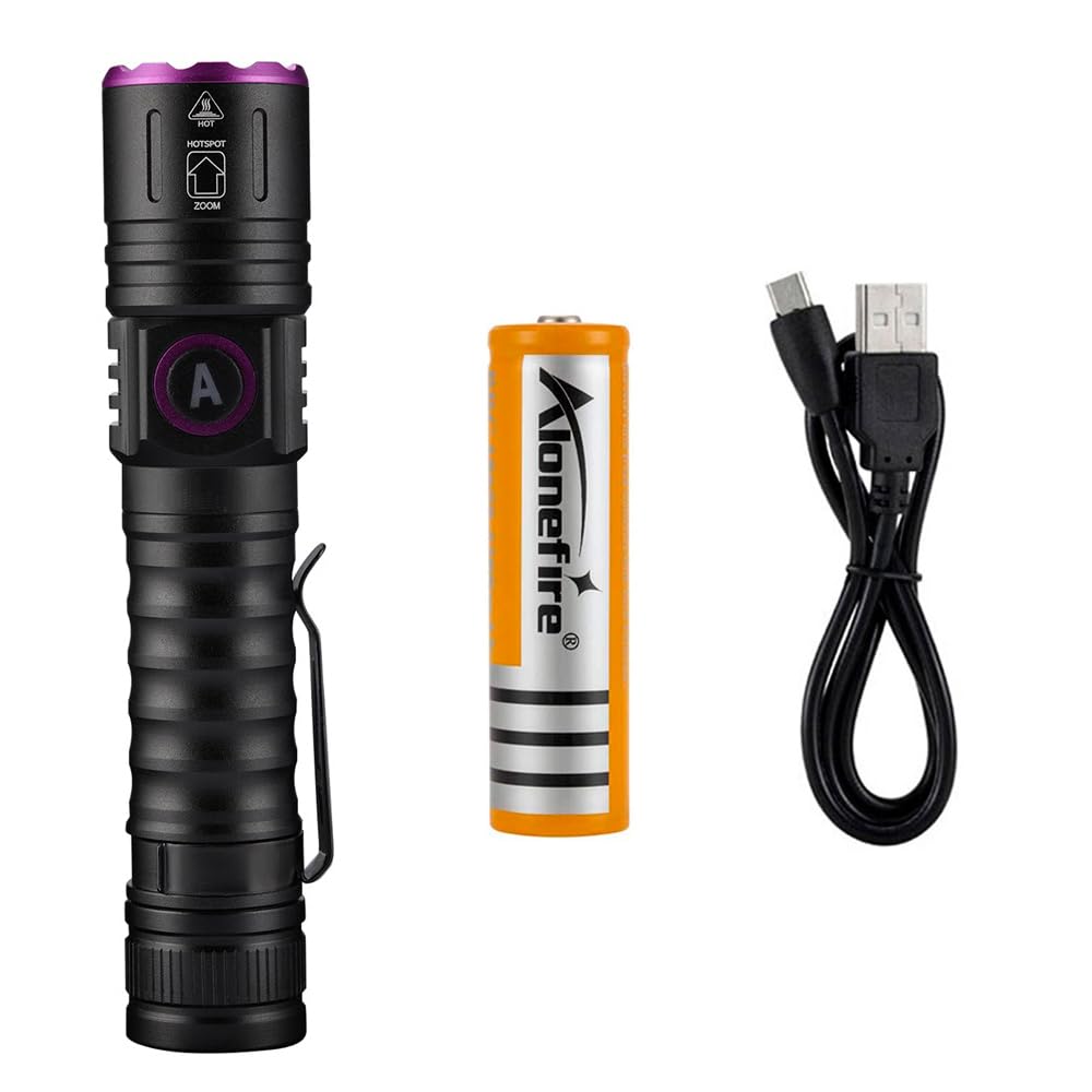 Alonefire SV87 5W Luce Nera Ultravioletta Zoomabile, Potente Luce LED UV con Lunghezza d'onda 365nm, Ricaricabile tramite USB Tipo C, per Anisakis, Luce di Wood