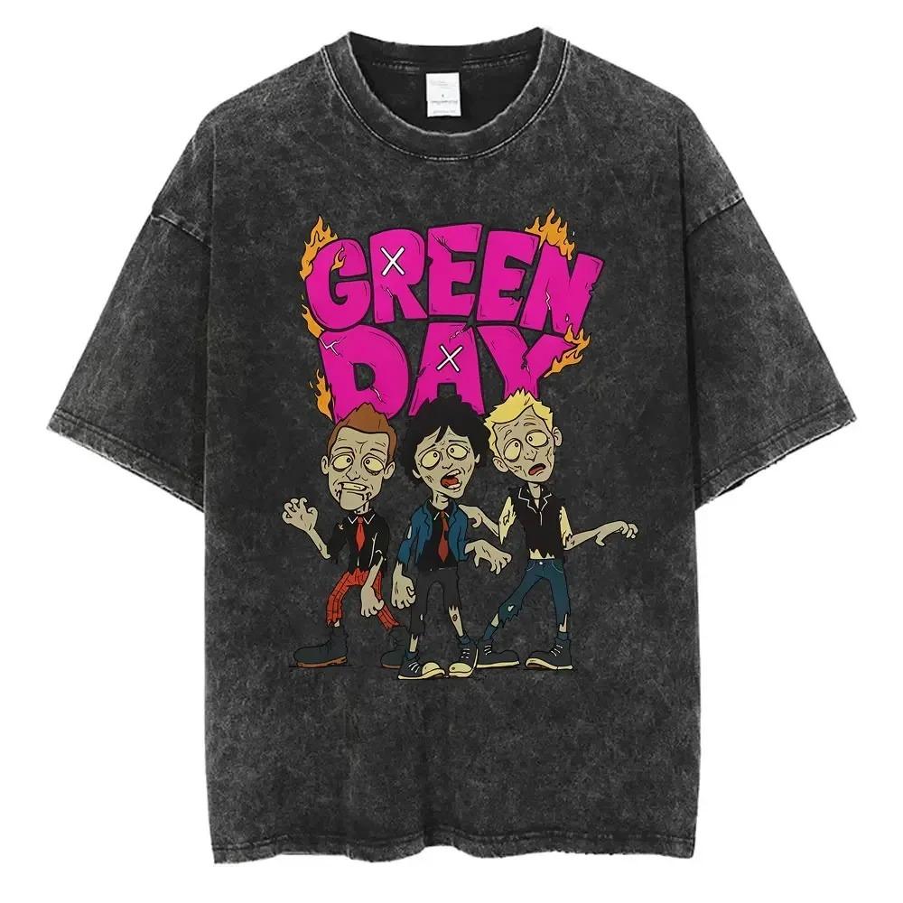 Oversized Acid-Wash Short-Sleeve T-Shirt Featuring Green Day Cartoon Unicorn Graphic Print