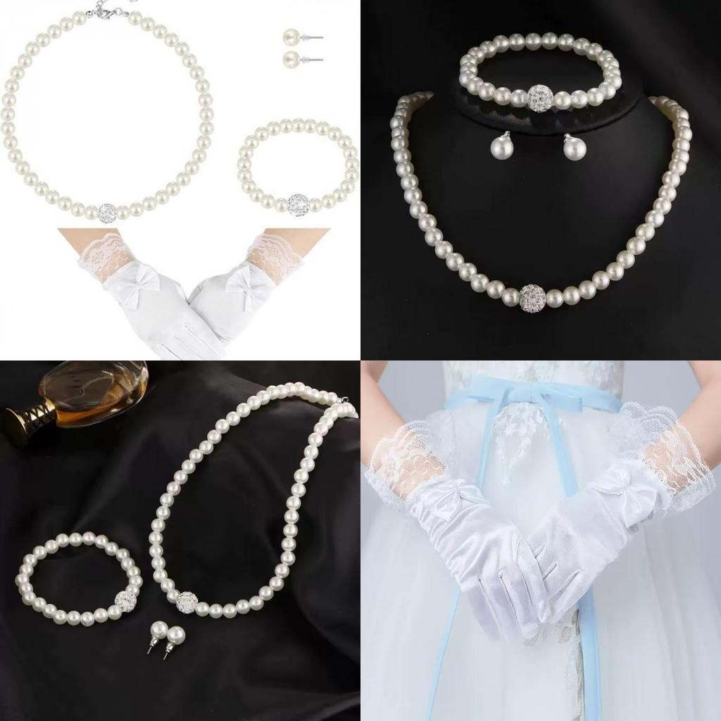 Childrens Artificial Pearl Necklace Set With Satin Gloves And Butterfly Bow Design For Stylish Casual Wear