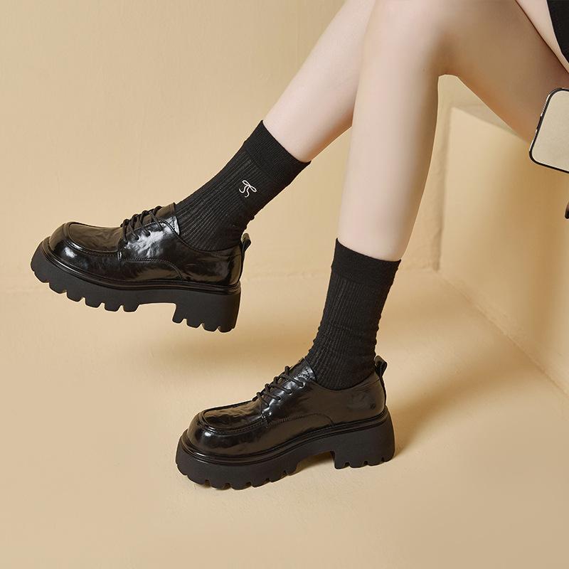 Loafers Women's 2025 Autumn New Leather Platform Lace-up Versatile Height-increasing Small Leather Shoes Retro Brown JK Women's Shoes