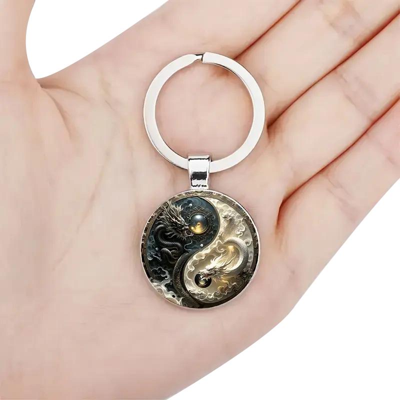 Yin Yang Dragon Keychain - Fashion Alloy Pendant, Black And White Dragon Design, Perfect For Bags, Backpacks And Unique Gifts