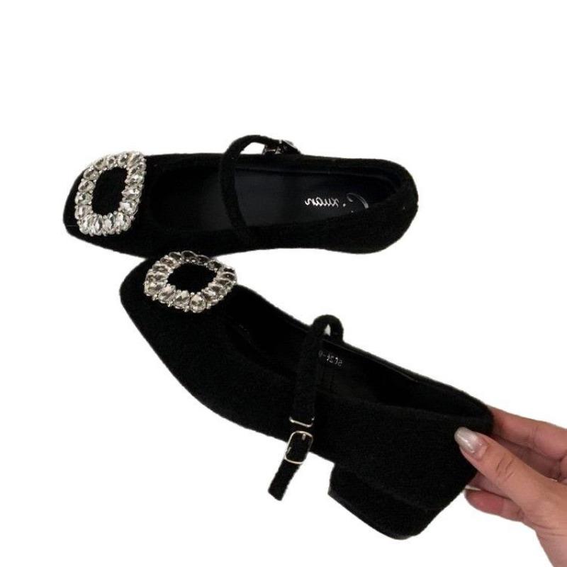 Woolen rhinestone thick heel single shoes women's new spring skirt gray Mary Jane shoes