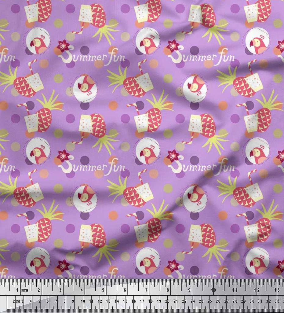Soimoi Japan Crepe Satin Fabric Dot,Parrot & PineJuice Summer Designs Fabric Prints By Metre 42 Inch