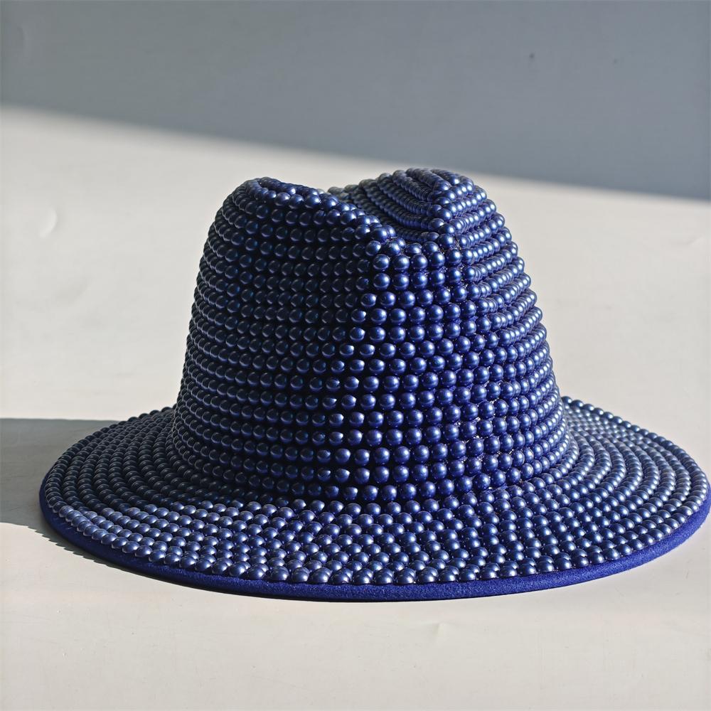 Blue/Beige Pearl Fedora Hat Bling Fedora Jazz Hats For Men And Women Handmade Advanced Fashion Outdoor Party Stage Hat