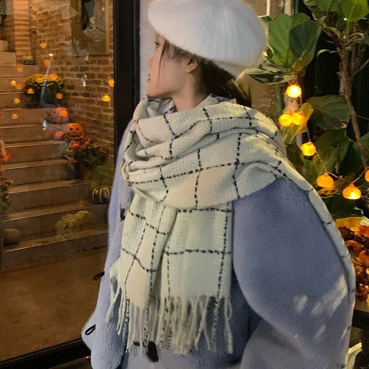 Plaid Imitation Cashmere Scarf for Women Winter New High End Versatile Shawl Student Warm Scarf White