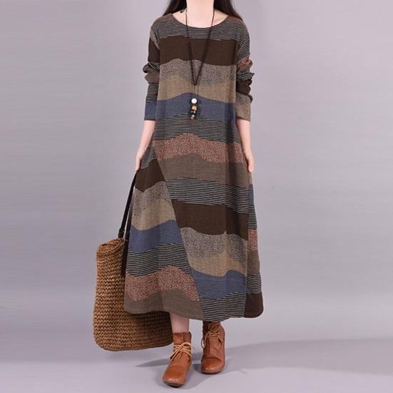 Women's Long Sleeve Cotton Linen Maxi Dress Vintage Bohemian Printed Patchwork Crew Neck Dress Fall Loose Outfit
