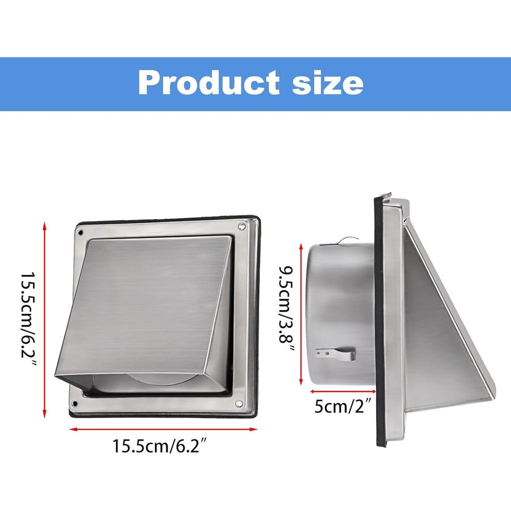 Stainless Steel 4 inch Dryer Vent Cover with Removable Cover, Square Wall Vent Waterproof Wall Extractor Grill Air Vent Cover for Indoor or Outdoor