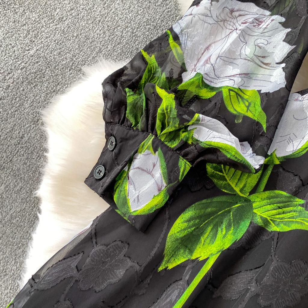 Francuski Styl Wakacyjny Super Wróżkowy Nadruk Klapa Długi Rękaw Sukienka Damska Wiosna Jesień Jednorzędowa Talia Rozkloszowana Elegancka