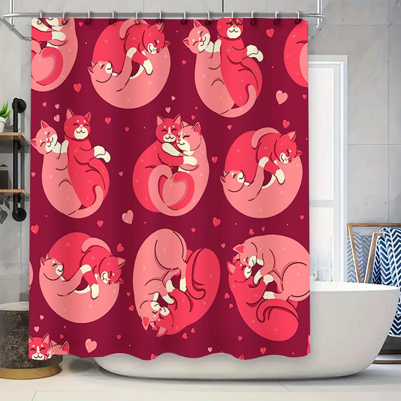 

Red Cat Shower Curtain Romantic Valentine S Day Decor For Bathroom Set Includes 12 Panels (Set) By W60H190(CM)-1 Pcs