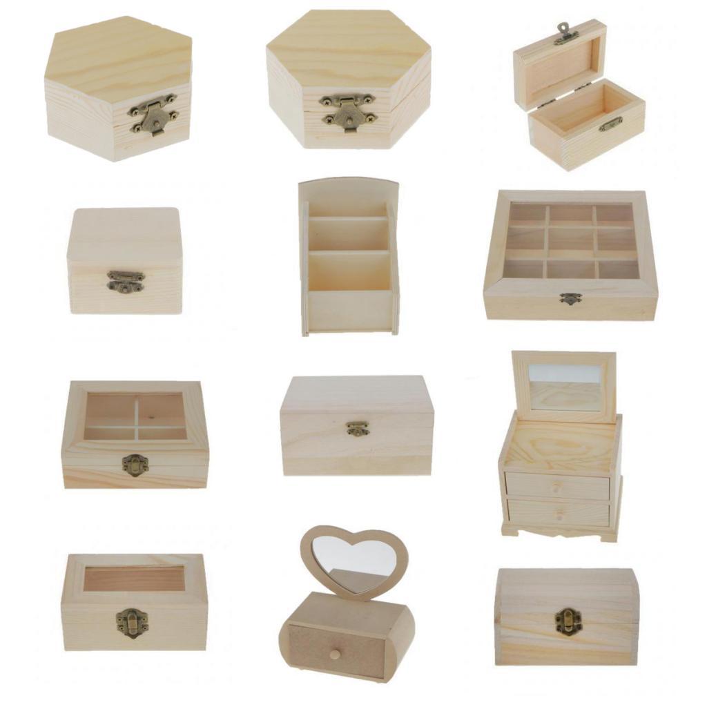 Unpainted Hexagonal Wooden Jewelry Box Trinket Case craft