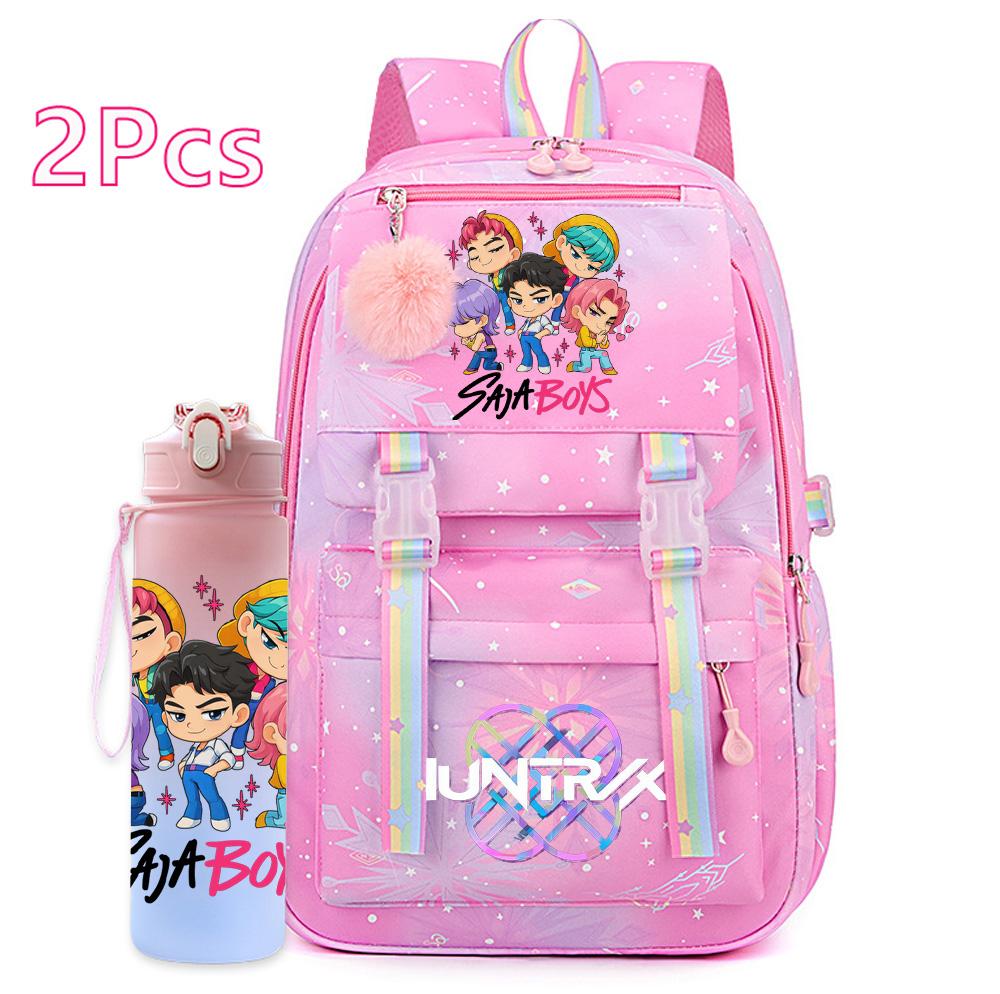 2Pcs/set Cartoon Kpop Printed Backpack with 750Ml Water Bottler for Teenager Girl Boy Bookbag Kid Gift Large Capacity Travel Bag Mochila