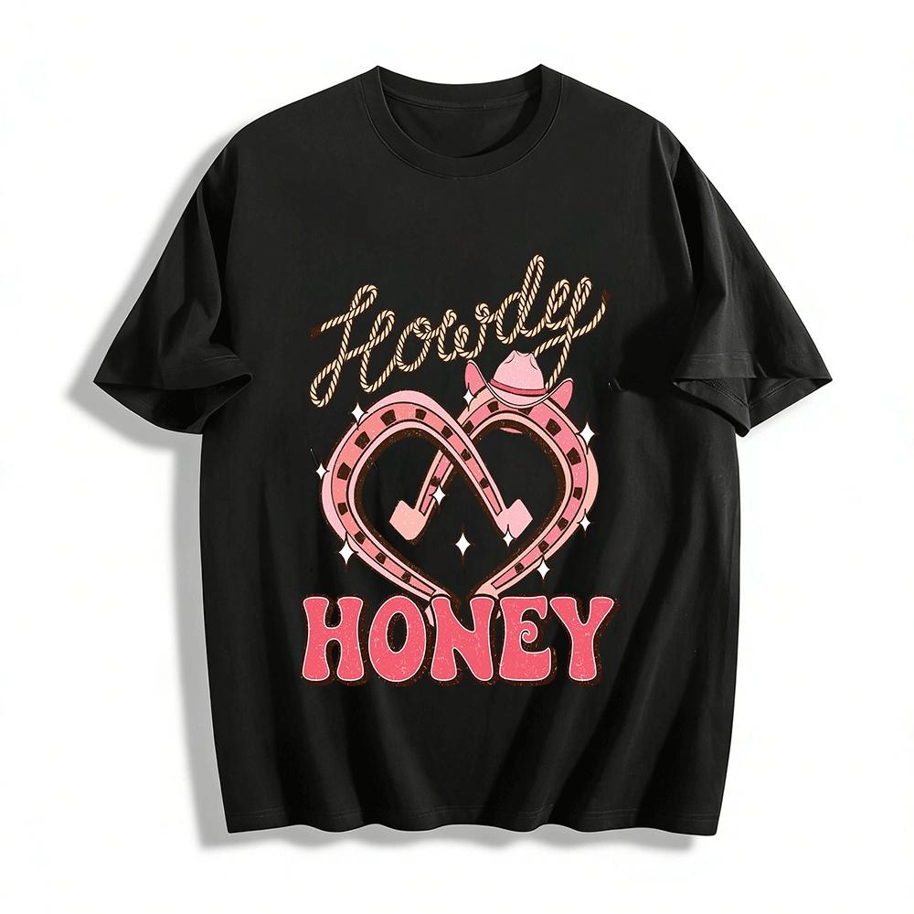 Howdy Honey Western Style Pink Horseshoe Heart Print Top Pure cotton T-shirt XXS