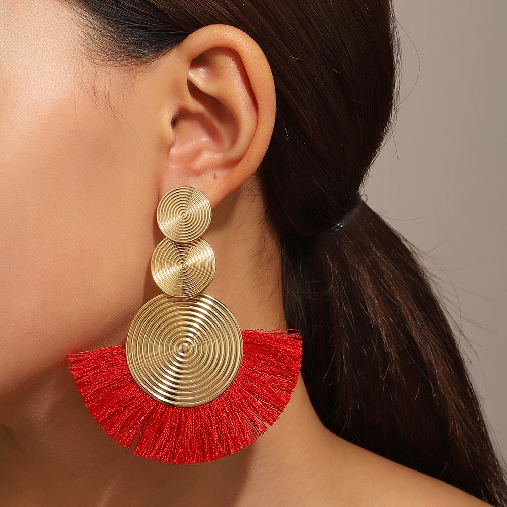

Bohemian Ethnic Alloy Tassel Hoop Earrings - Fan-shaped Studs for Women
