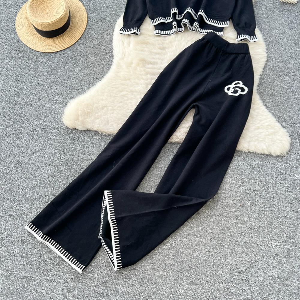 Höst Vinter Dam Casual Stickad Tröja Byxa Tvådelat Set Helärmad Pullover Toppar och Vida Ben Byxor Träningsoverall