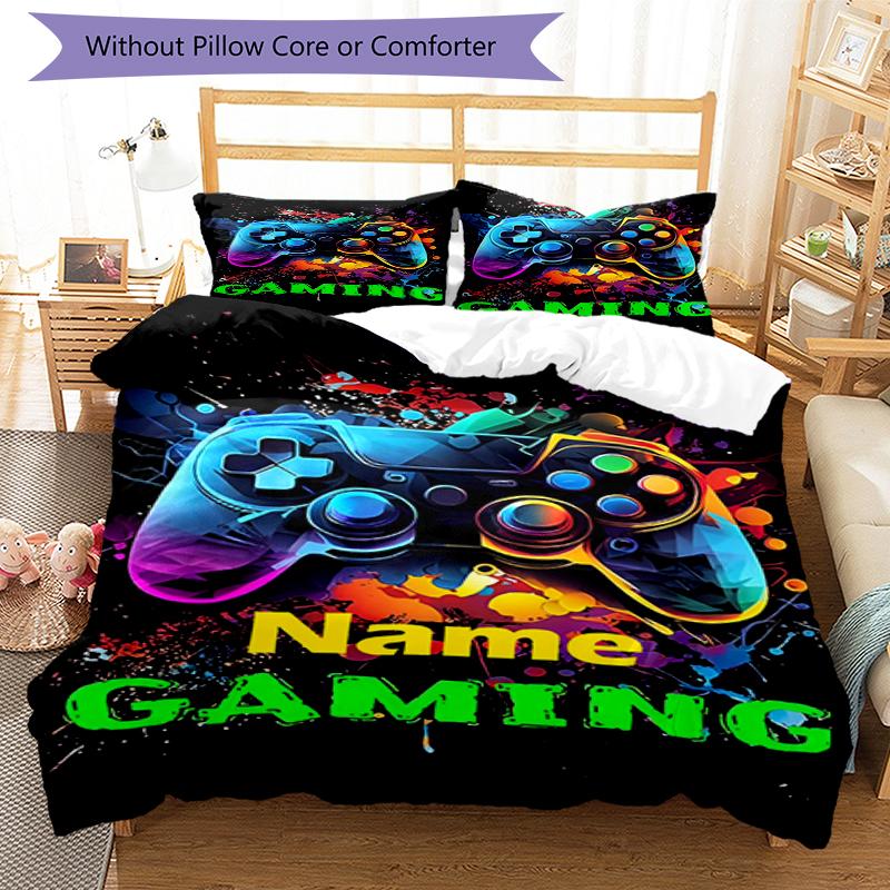3pcs Custom Name Game Controller Bedding Set Duvet Cover Closure Includes 1 Duvet Cover & 2 Pillowcases, Soft and Comfortable for All Seasons.