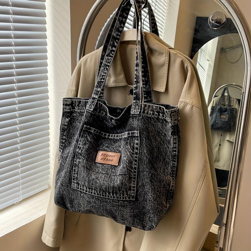 Vintage Washed Denim Tote Bag Casual Large Capacity Single Shoulder Carryall Stylish Purse