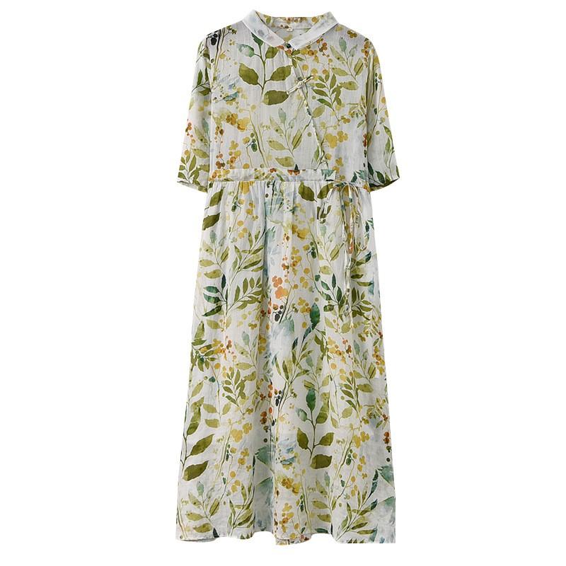 Johnature Women Vintage Bandage Dress Turn-down Collar Half Sleeve Print Floral Summer Button A-Line Dress