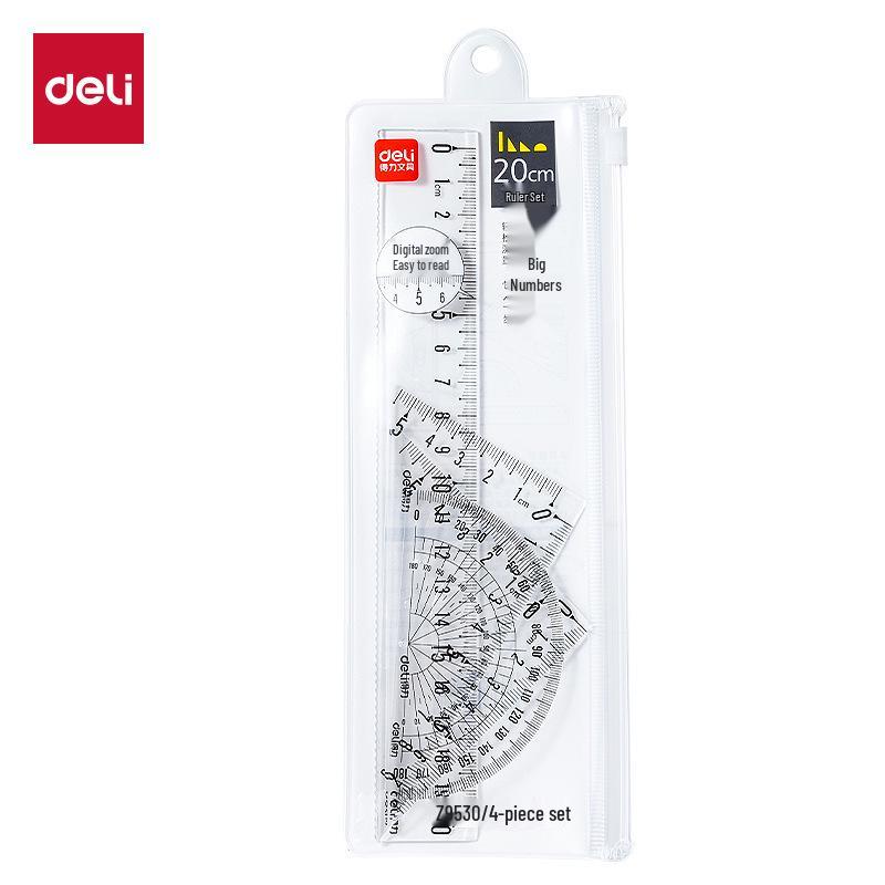 Deli 79530 Student Geometry Set: 4-Piece Transparent Rulers & Protractor 20cm