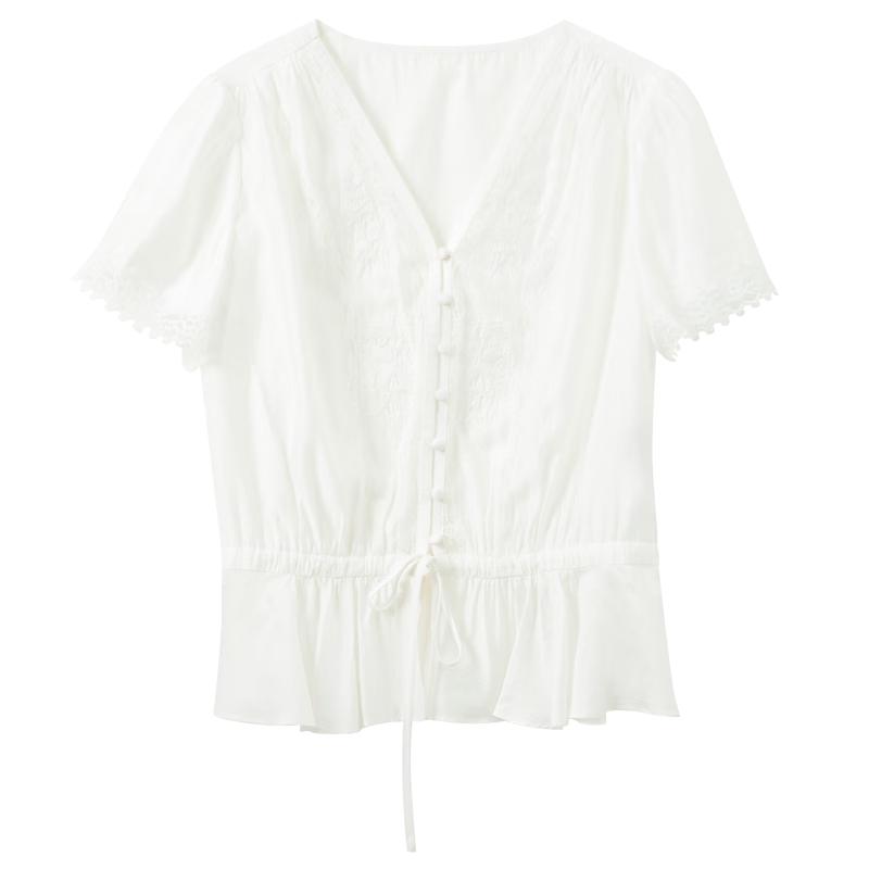 SanCai 2026 Summer V-Neck Embroidered Lace Short Sleeve Blouse XL