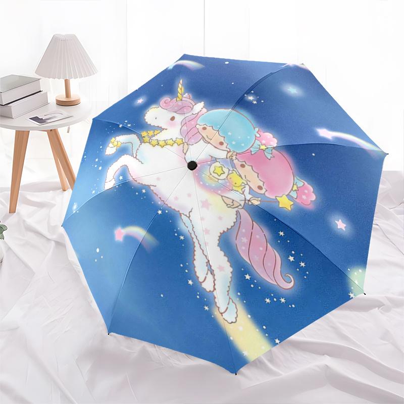 1pc Unicorn and Little twin stars Cartoon Umbrella, Portable 3-Fold Compact Umbrella, Suitable for Camping, Hiking and Travel, Ideal Easter Birthday G