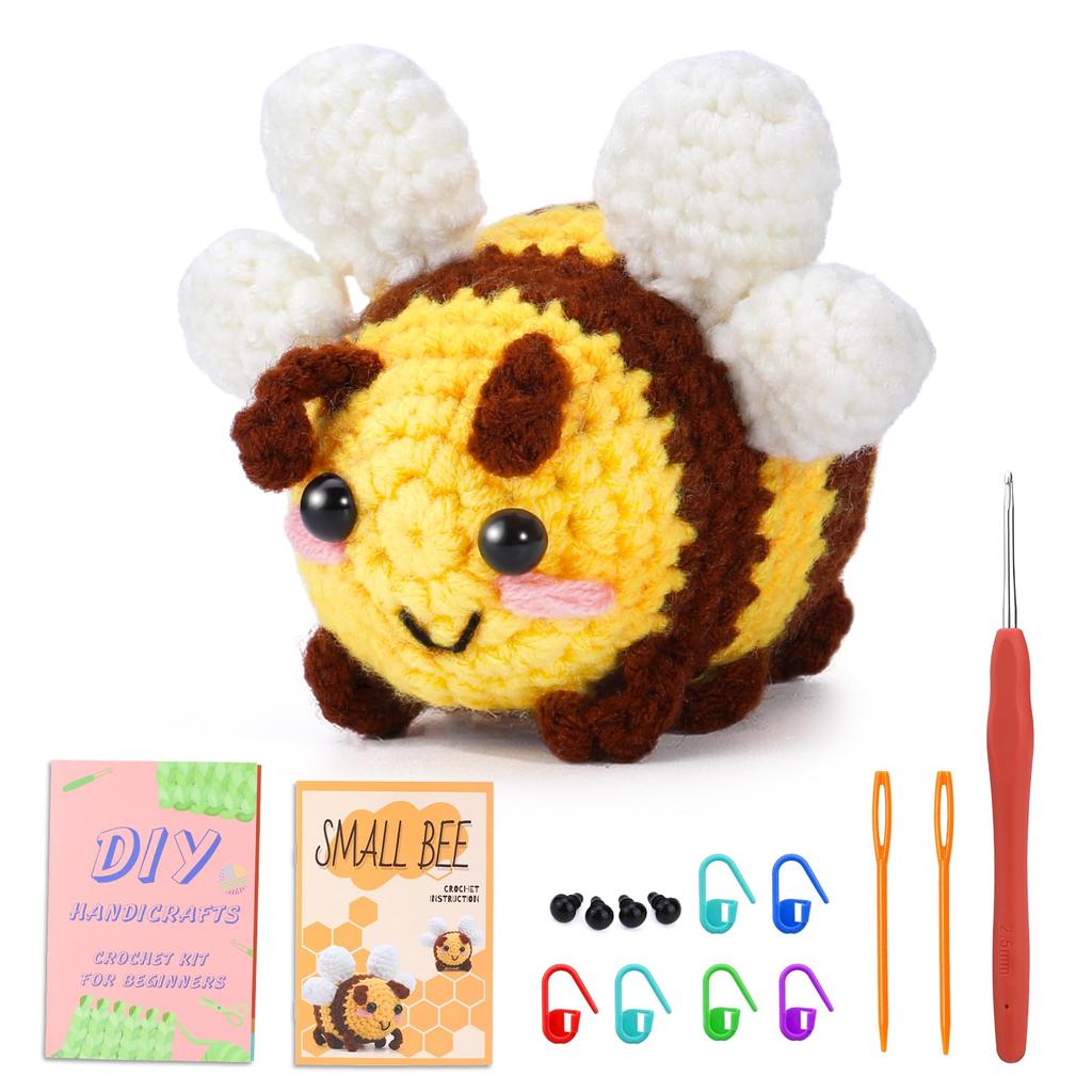 Fenrry Crochet Animal Kit Bee with Hook Yarn Set for Beginners Adults DIY Craft Supplies Step-by-Step Video Tutorials