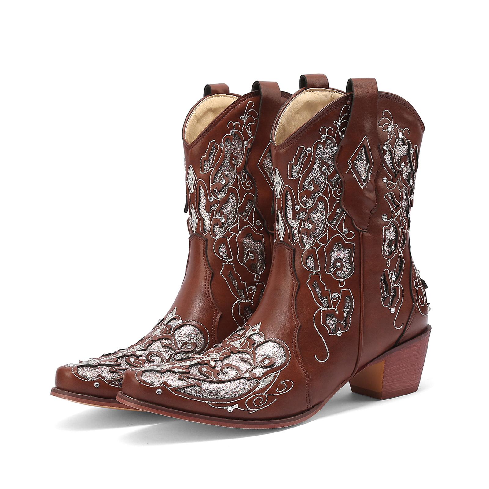 11 Широких Сапог Для Женщин Широкая Икра Каблуки Женские Ковбойские Сапоги Вышитые Квадратный Носок Средняя Высота Голенища Западные Сапоги Zapatos De Mujer 36 коричневый 5700₽