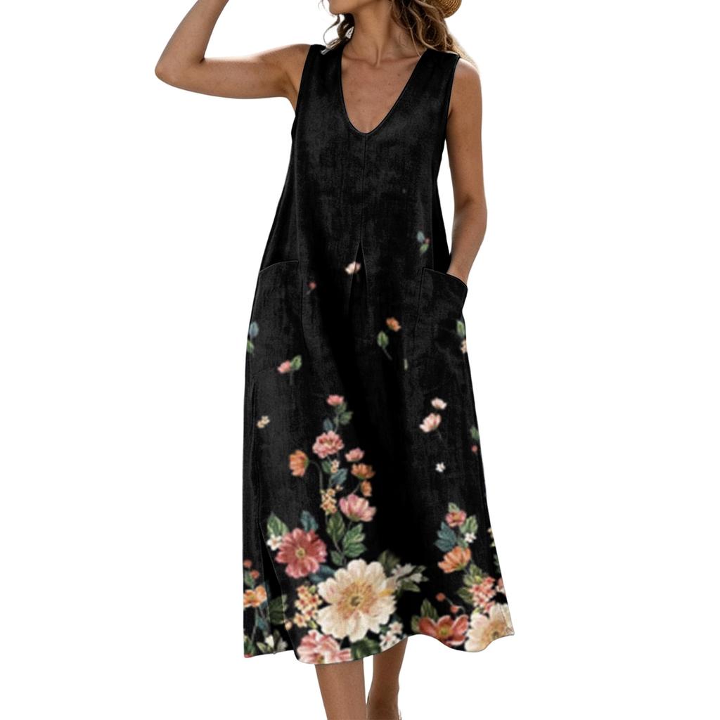Sleeveless V Neck Midi Dress with Leaf Pattern Print Loose Fit Casual Style Lightweight Fabric