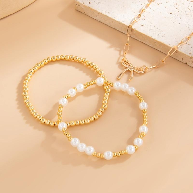 Modern Bowknot Detail Imitation Pearls Bracelet with Alloy Clasp Adjustable Chain Elegant Jewelry For Women