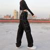 Pantaloni Cargo Streetwear Urbani, Pantaloni a Gamba Dritta Larghi a Vita Alta con Tasche Multiple, Jeans Neri Casual da Donna