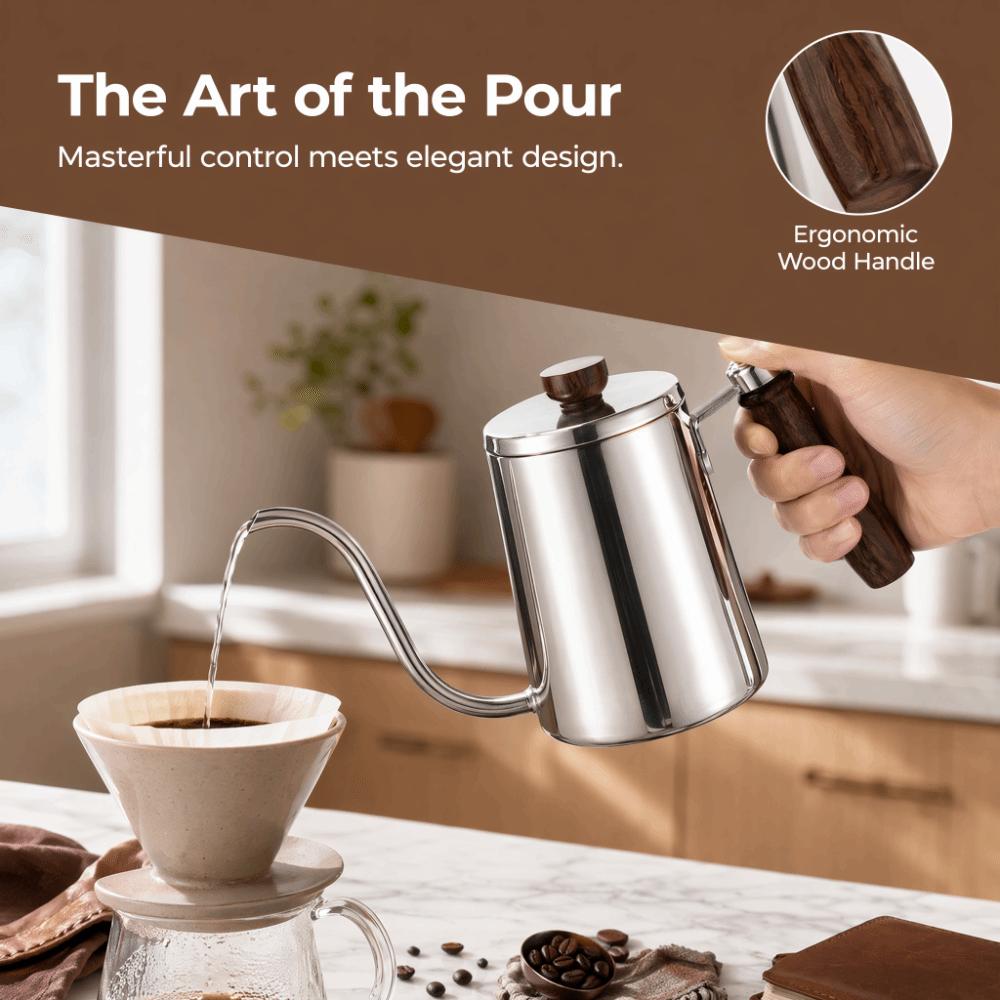 Drip Spout Gooseneck Coffee Kettle Wooden Handle Stainless Steel Teapot Pour Over Kettle  Home Use