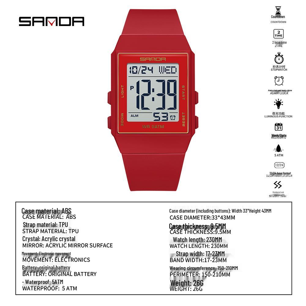 Sanda Lightweight Minimalist Sports Watch: Multi-functional Square Electronic Wristwatch for Men and Women
