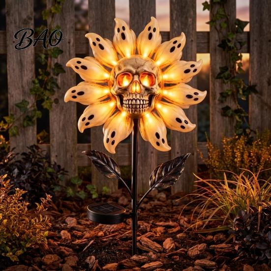 Unique Holiday Path Lighting for Patio Solar Powered Skull Sunflower Light, Waterproof Garden Stake Automatic Charging Scary Decor Halloween Yard Lawn