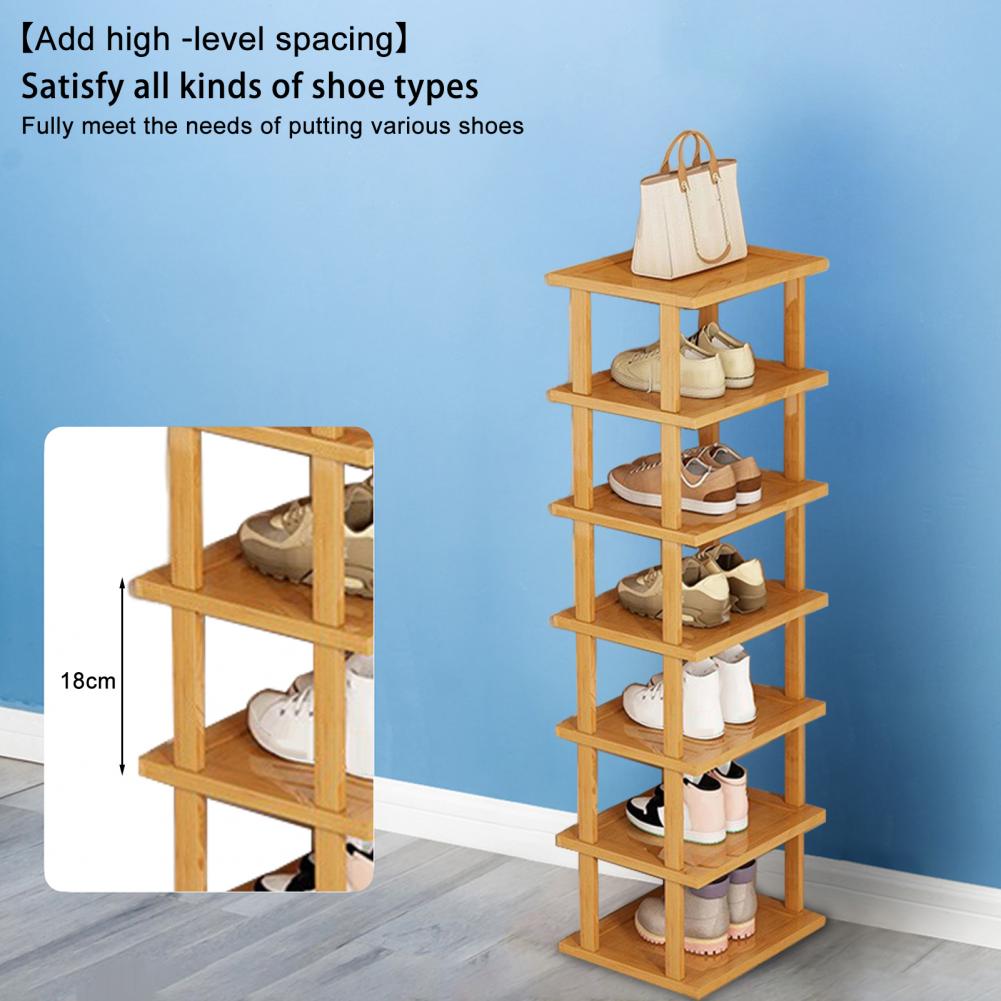 Bamboo Shoes Rack 7 Tiers Vertical Shoe Rack Wood Narrow Shoe Rack Small Shoe Organizer Corner Tall Shoes Shelf Tall Tower
