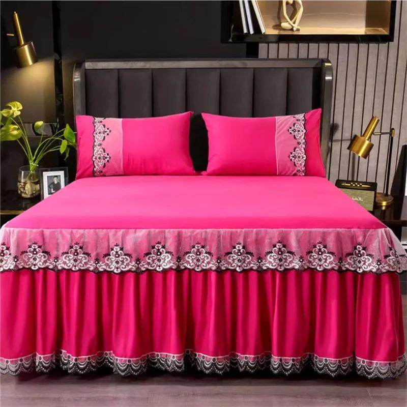 Bedspread Ruffle Lace Exquisite Embroidery Bed Skirt  Anti Slip Princess Bed Cover 1.5/1.8/2 M Bed Dust Cover
