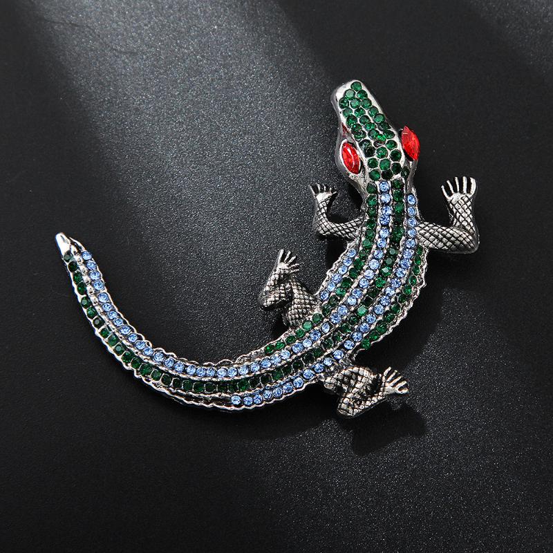 Vintage Rhinestone Crocodile Brooch Shiny Luxury Animal Design Alloy Lapel Pin for Suit Scarf Bag Gift for Men Women Daily Wear