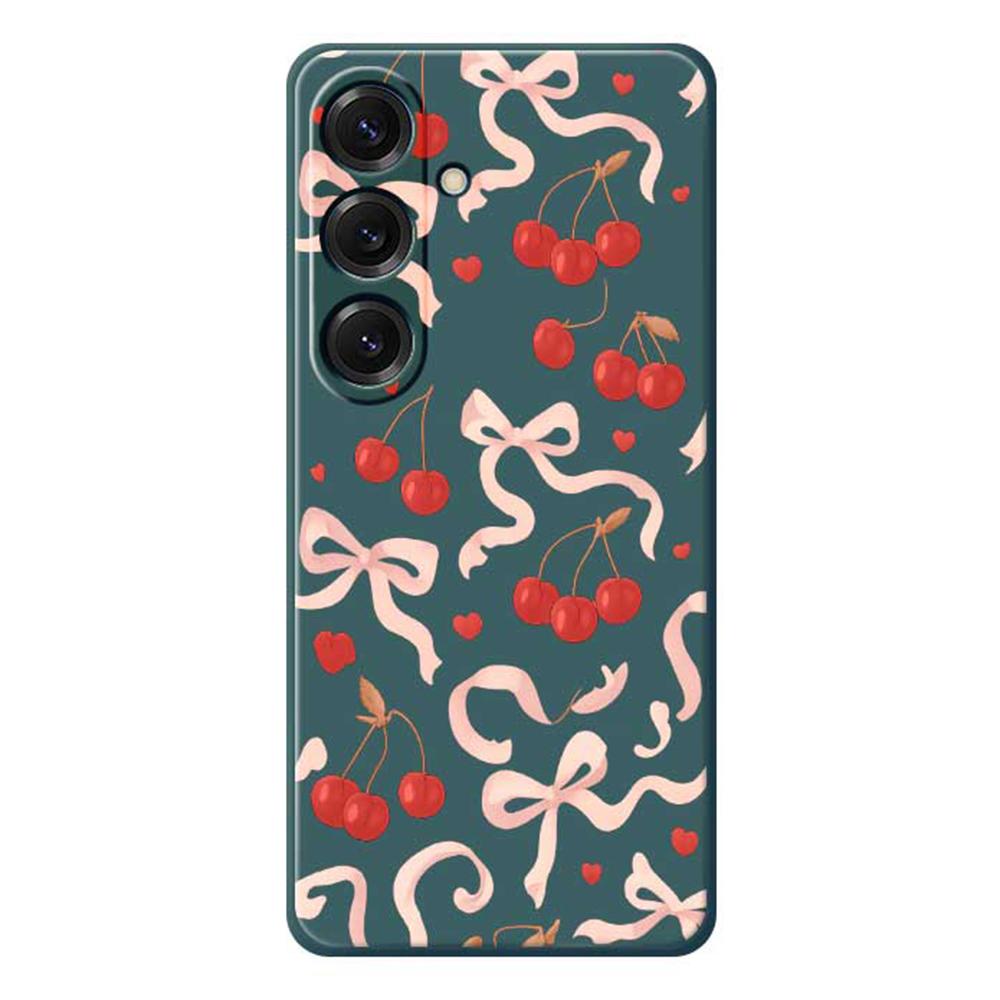 

For Samsung Galaxy S25 Case Big Bow Cherry Pattern Printing Straight Edge TPU Phone Back Cover Green