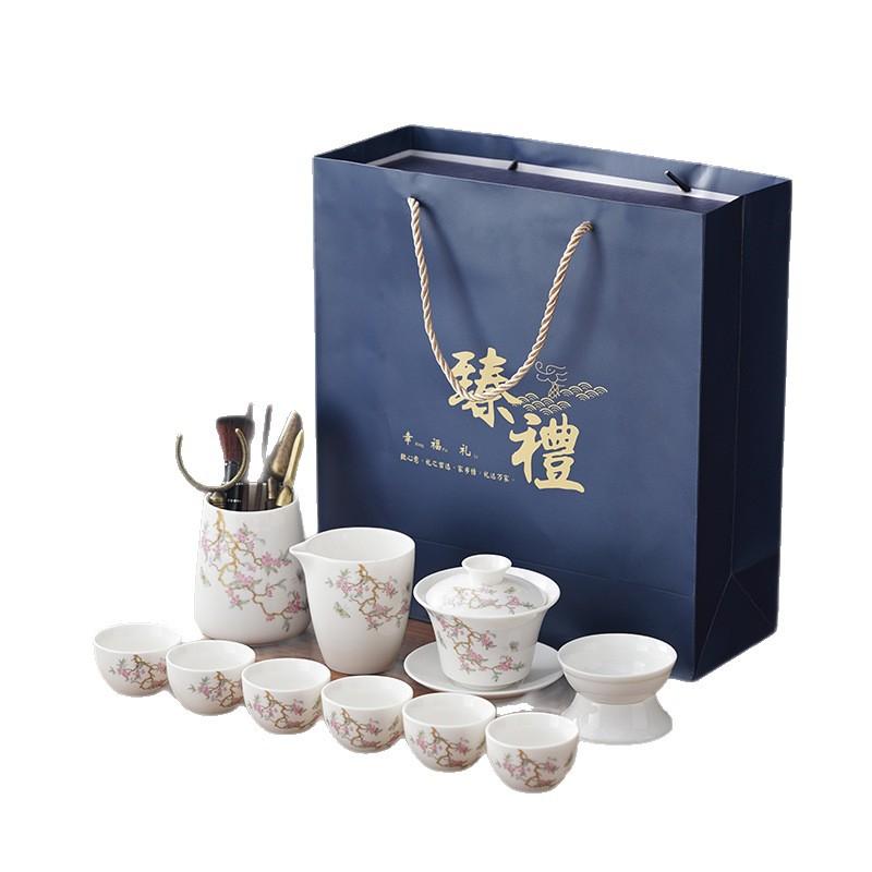Light Luxury High-grade Suet Jade Dehua Tea Set with Tea Tray Home Office Chinese Wisteria Tea Ware Company Can