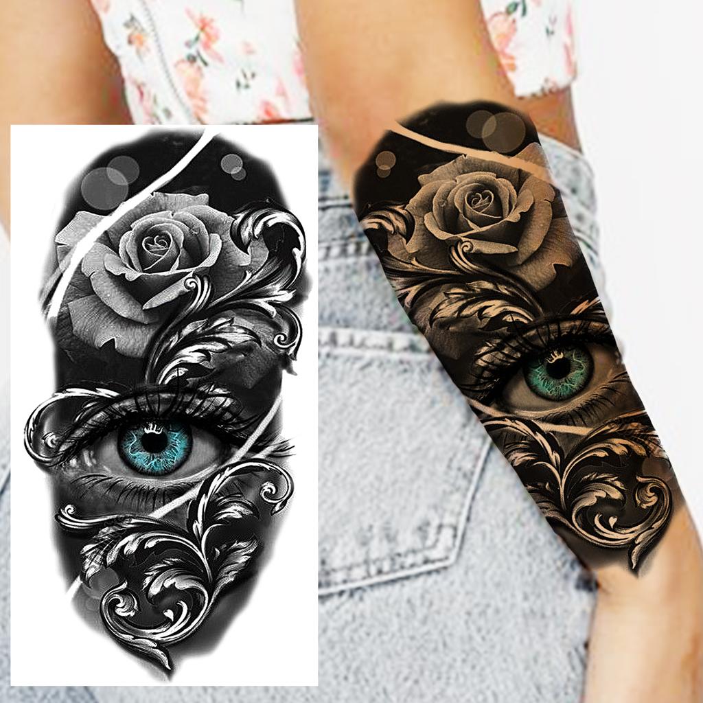 1 Sheet Lion Wolf Skeleton Nun Tiger Black Temporary Tattoos For Men Adult Leg Arm Compass Flower Fake Tattoo Sticker Waterproof