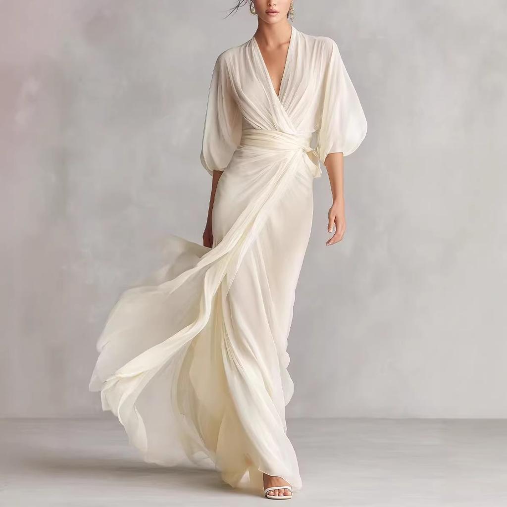 Neues europäisches und amerikanisches Promi-Maxikleid mit tiefem V-Ausschnitt, schulterfreiem Laternenärmel und Taillierung