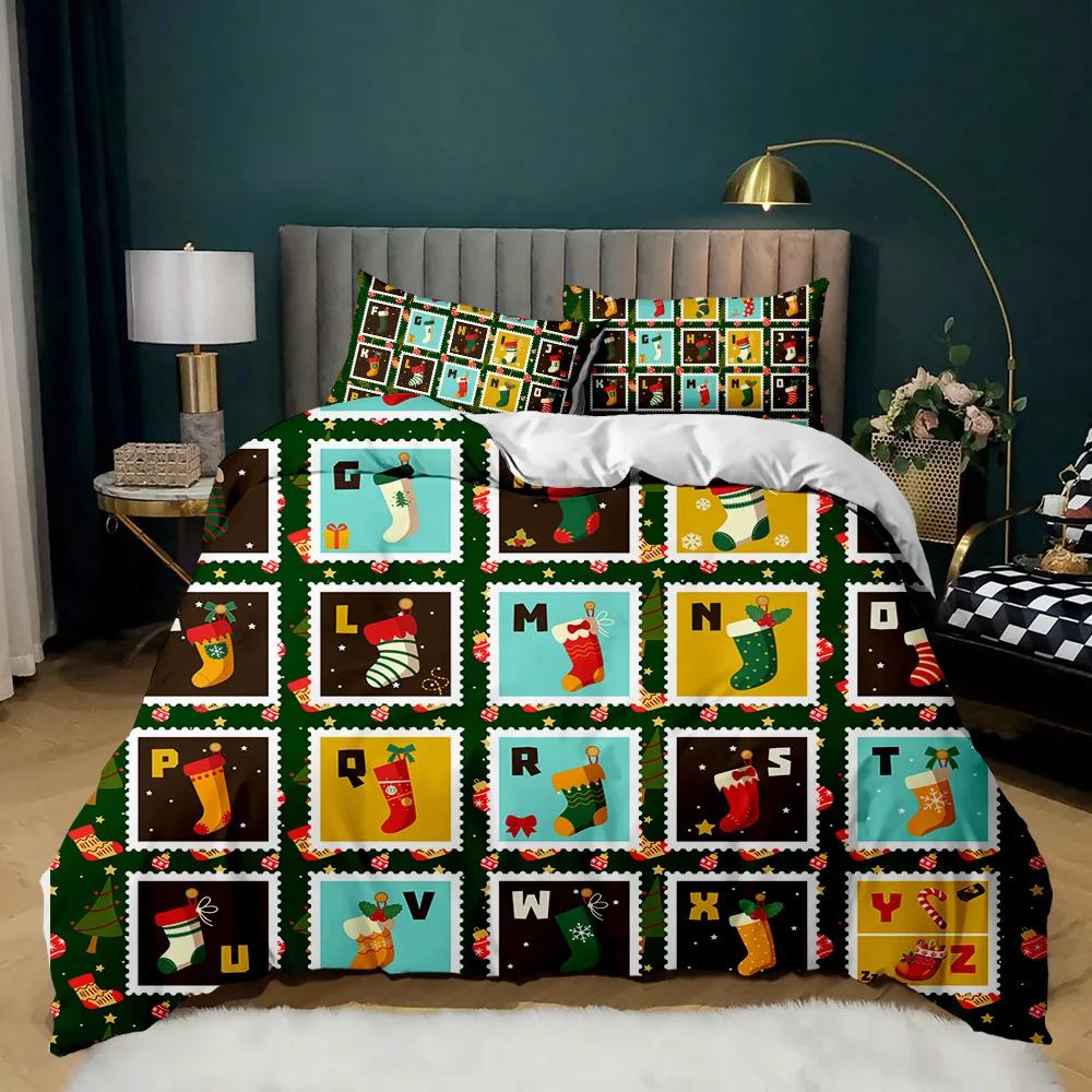 Christmas Duvet Cover Merry Christmas Stocking Comforter Xmas Gifts Bedding Set Kids Happy New Year Candy Polyester Qulit Cover