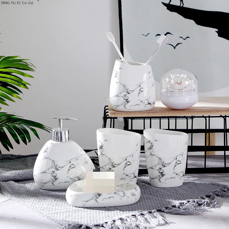 White Marble Texture Bathroom Supplies Toothpaste Dispenser Toothbrush Holder Cotton Swab Box Bathroom Decoration Accessories